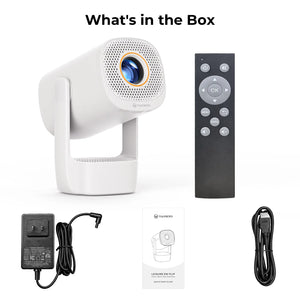 White mini flip projector with remote control, power adapter, and cables