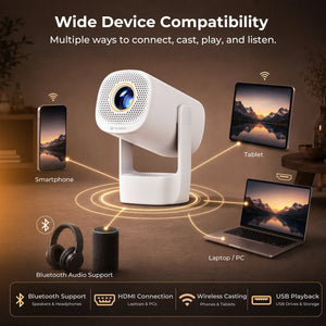 White flip projector with devices shown for casting, audio, and USB playback.