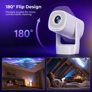 White flip-design projector angled for flexible viewing with curved arrow graphic