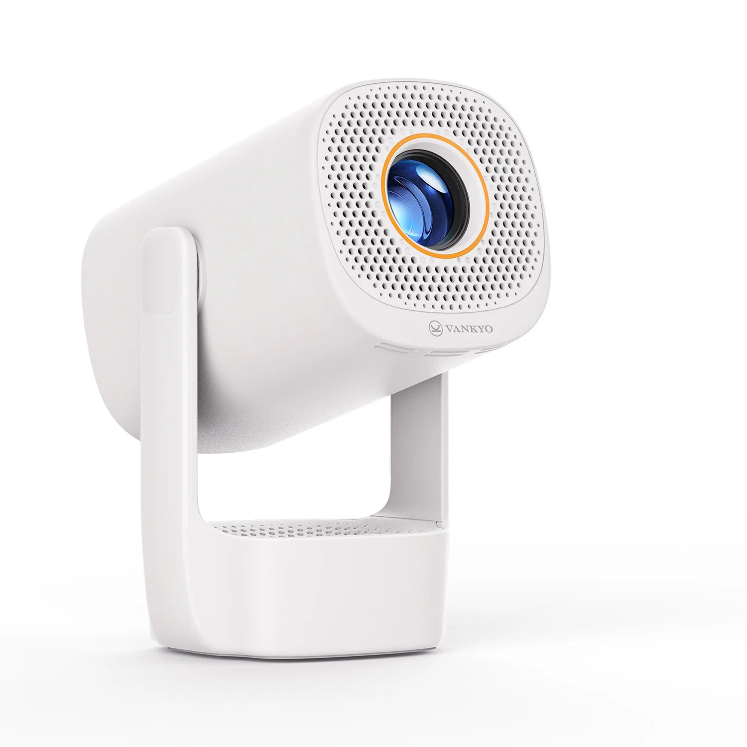 White flip-style mini projector with circular lens and front speaker grille
