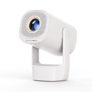 White smart projector with front lens and speaker grille on a tabletop stand
