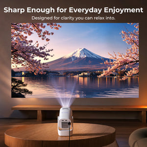White mini projector on a table facing a wall screen
