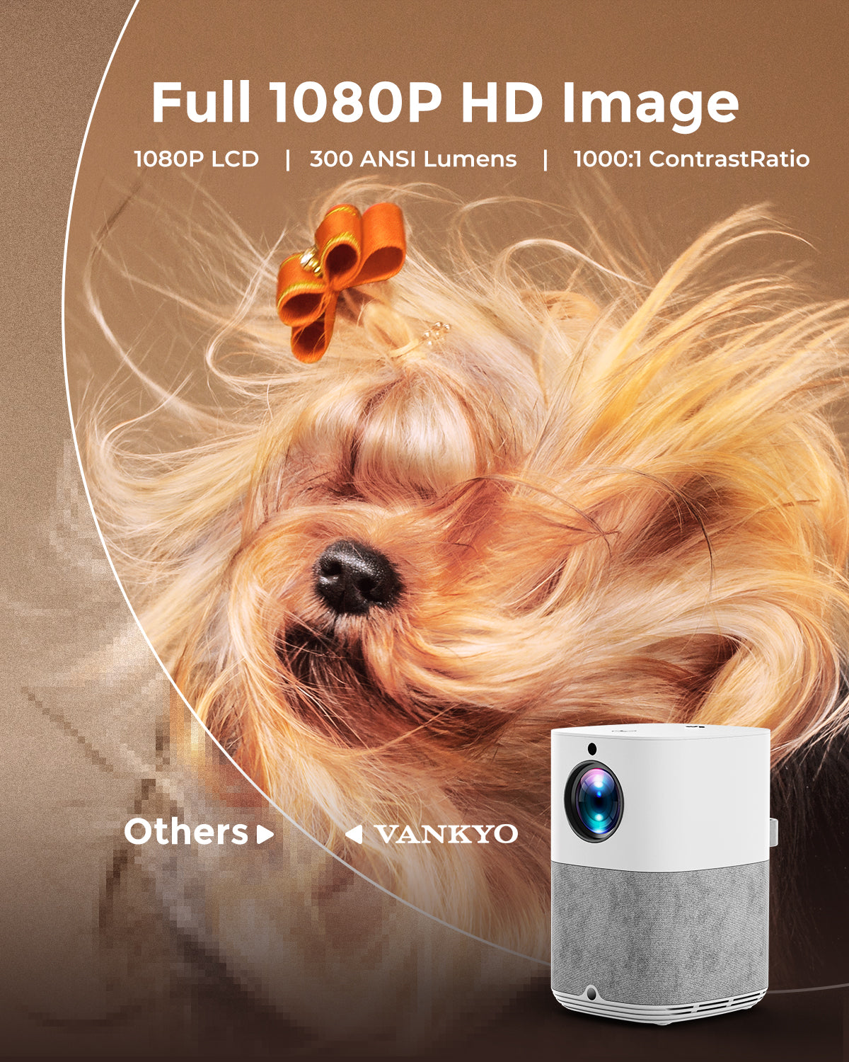 VANKYO movie projector delivers brilliant 1080p FHD and LED-powered 300 ANSI lumens in a compact design. With a 1000:1 high contrast ratio, the projected image will be incredibly rich and detailed.