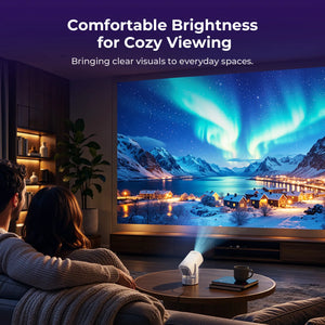 White smart projector on a table projecting a colorful aurora scene at night