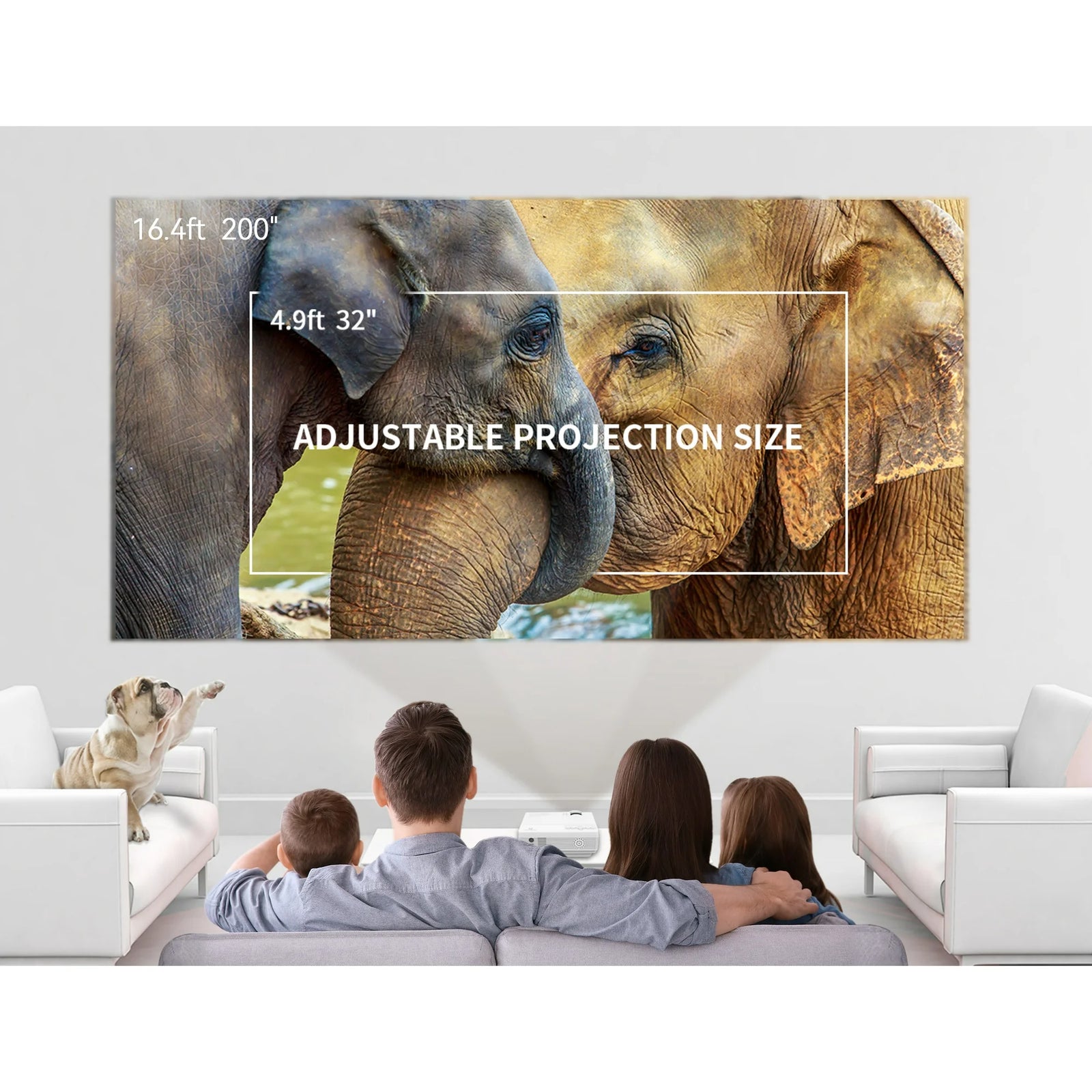 VANKYO projector displaying adjustable projection size from 32 to 200 inches