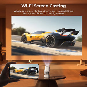 White mini projector casting an image toward a wall screen