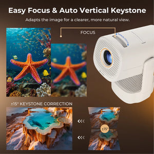 White mini projector with circular lens and front speaker grille on tabletop