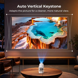 White flip projector on tabletop stand projecting a landscape scene.