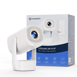 White flip mini projector with box display behind it
