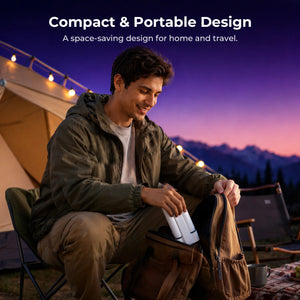 Portable white smart projector on outdoor table, angled toward screen