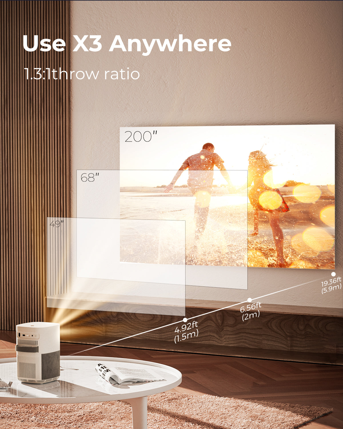 The 50"-250" screening size and 1.3:1 throw ratio allow everyone in the room to enjoy a clear view with our portable projector.