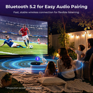 Portable white smart projector with glowing ring light effect, near seating area