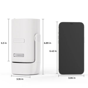 White projector shown with dimensions and a nearby front-view device outline