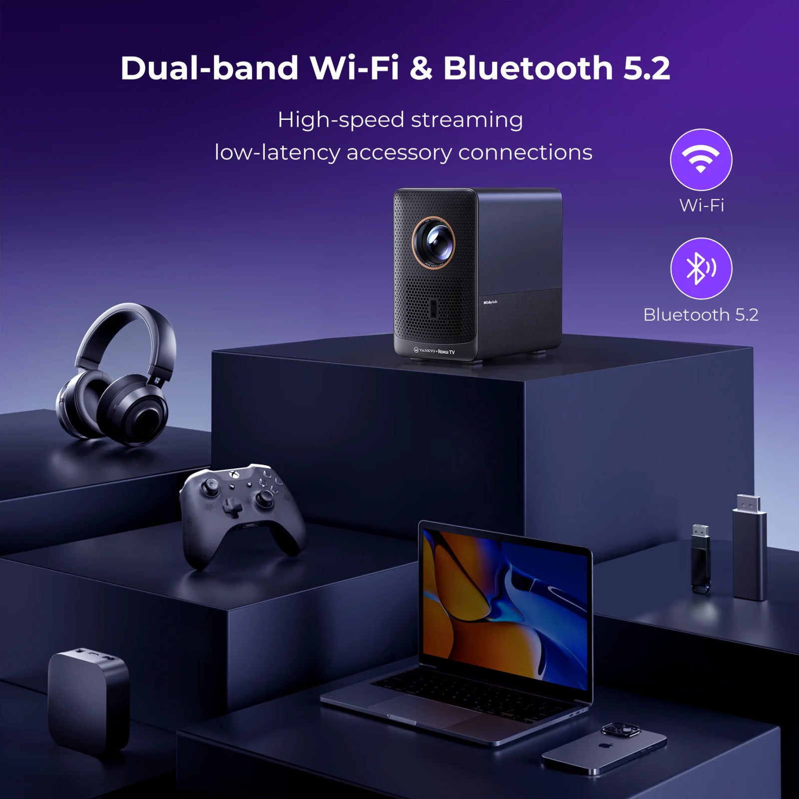Dual-band 2.4G/5G WiFi provides fast, stable connections, while Bluetooth 5.2 allows wireless audio and device pairing