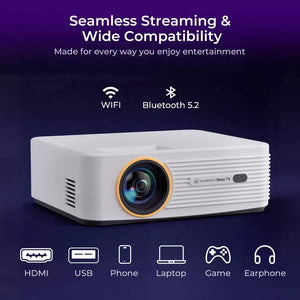 White smart projector with front lens and WiFi/Bluetooth connectivity icons.