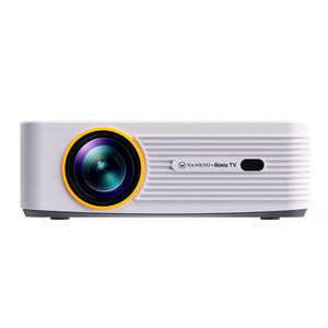 Close-up of white projector front lens with rainbow ring and vented grille.