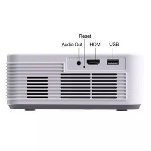 White projector rear panel with Audio Out, HDMI, and USB ports.