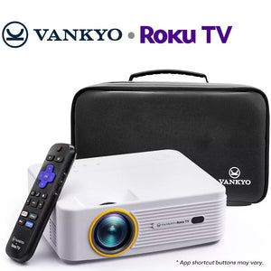 White smart projector with built-in streaming, black remote, and soft carrying case.