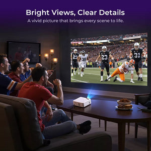 White smart projector projecting a clear sports image on a screen.