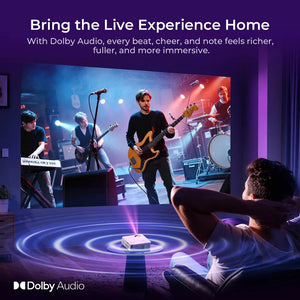White smart projector projecting a live concert performance for home entertainment.