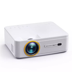 White smart projector with front lens and vented side grille, angled view.