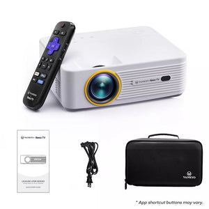 White smart projector with black remote and zippered carrying case shown together.