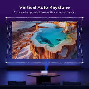 White smart projector projecting landscape with vertical keystone guide lines.