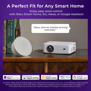 White smart projector on table with lens facing forward