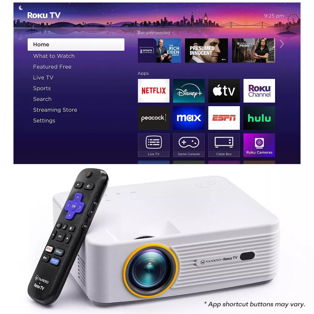 White smart projector with built-in Roku TV and black remote control