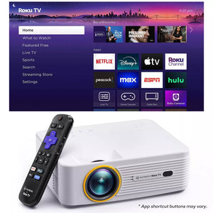White smart projector with built-in Roku TV and black remote control