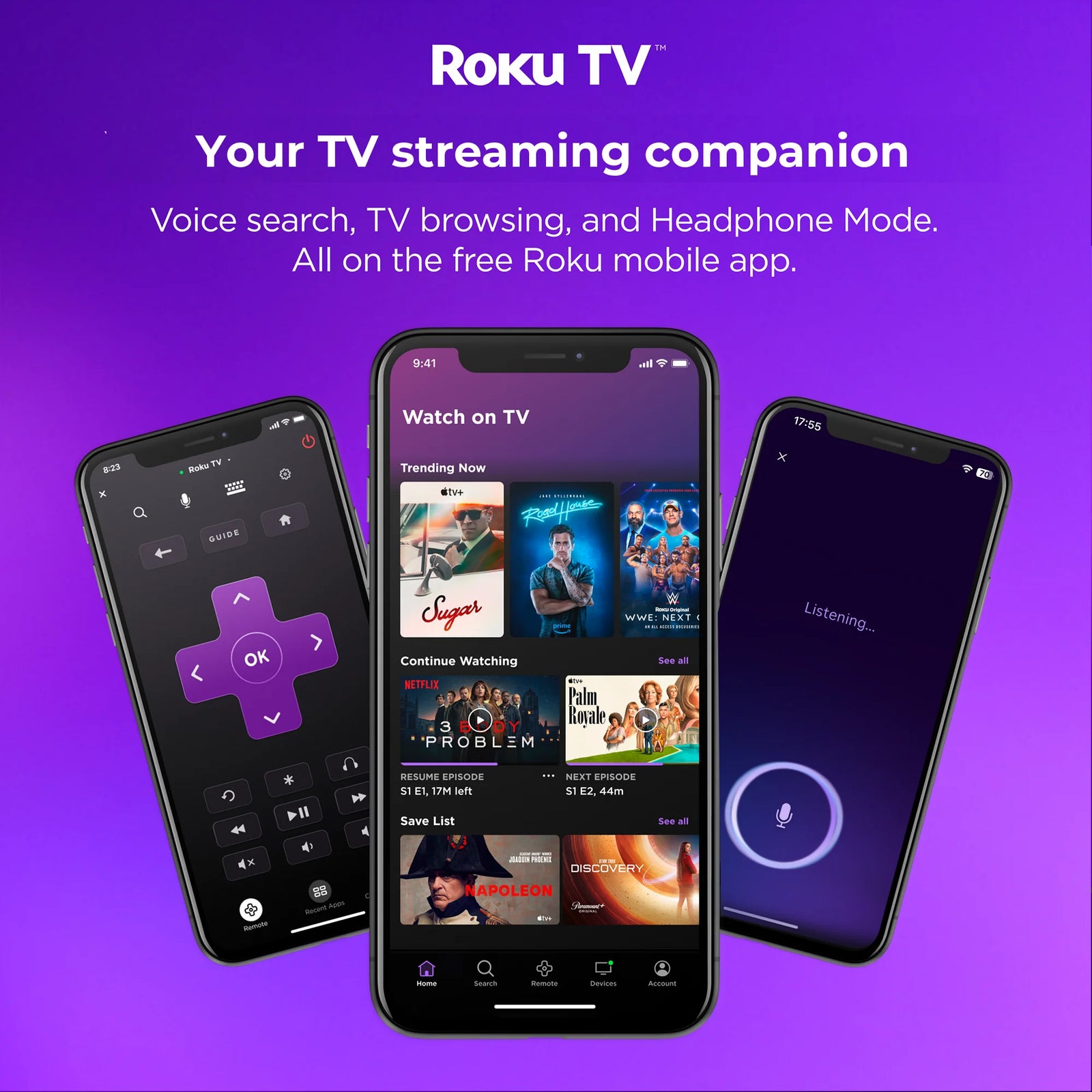 ROKU TV™ - Your TV streaming companion. Voice search, TV browsing, and Headphone Mode. All on the free Roku mobile app.