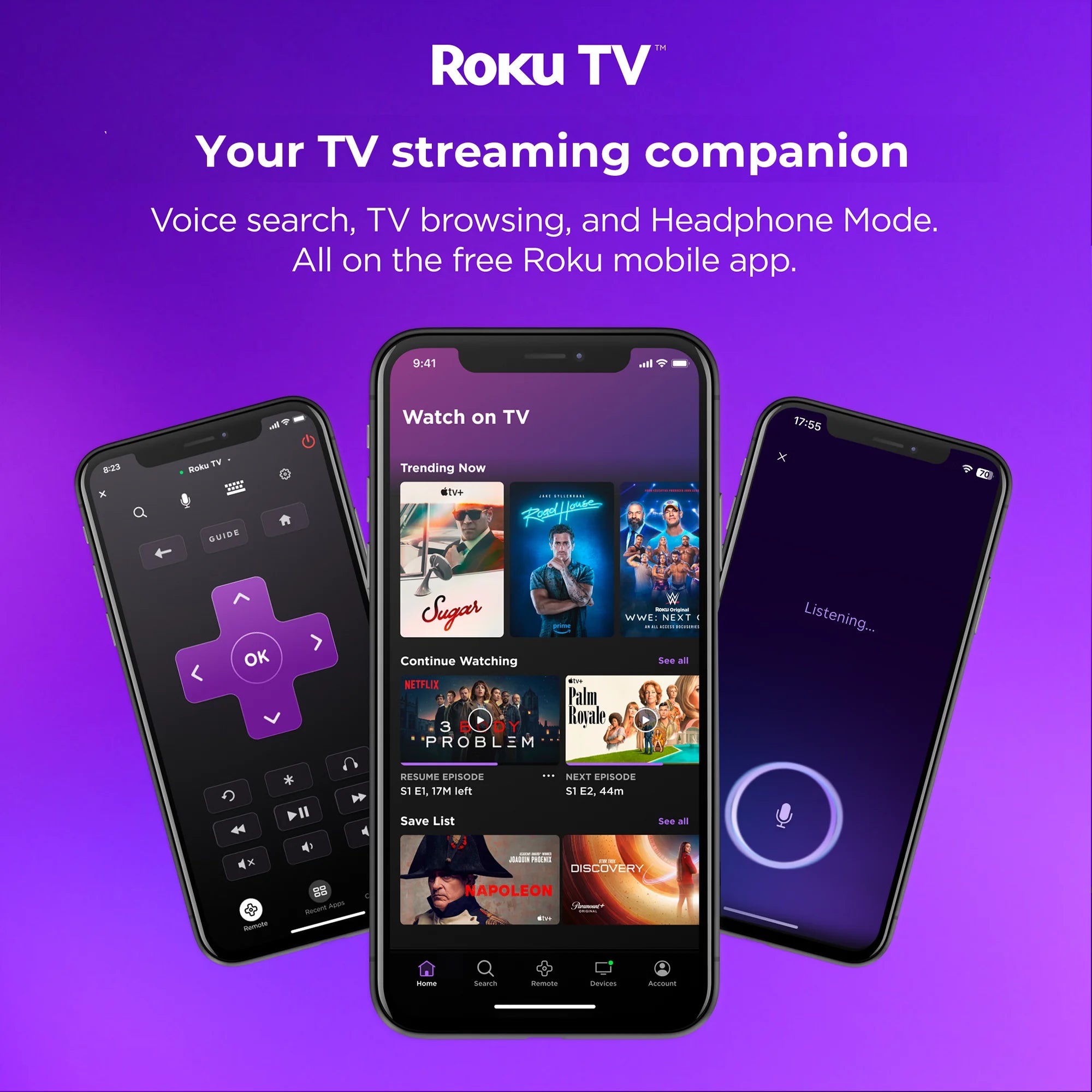 ROKU TV™ - Your TV streaming companion. Voice search, TV browsing, and Headphone Mode. All on the free Roku mobile app.